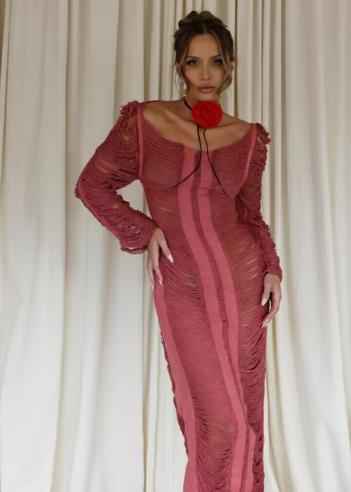 Damen elegantes Strandkleid mit raffinierten Fransen und transparenten Elementen Echo Archiv