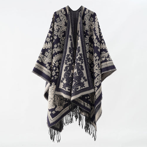 Damen Jacquard-Umhangponcho aus Wollmix mit beidseitigem Paisley-Jacquard und Fransen – Célinea