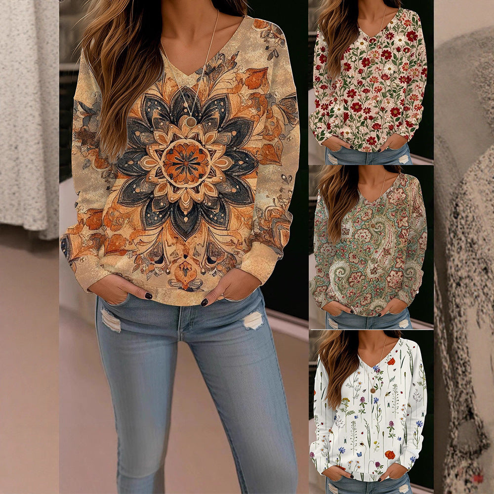 Damen Boho-Mandala V-Ausschnitt Oversize Sweatshirt mit weichem Sweatstoff – Avérine