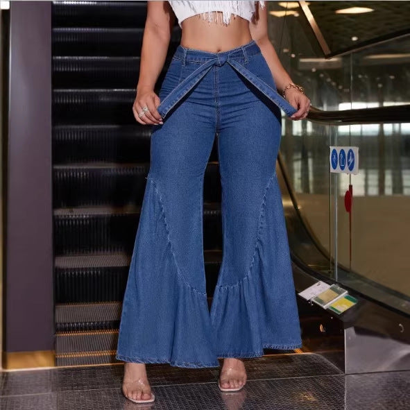 Damen Hochtaillierte Denim-Palazzo-Jeans mit überlappendem V-Bund, weitem Schlag und Frontschlitz Echo Archiv
