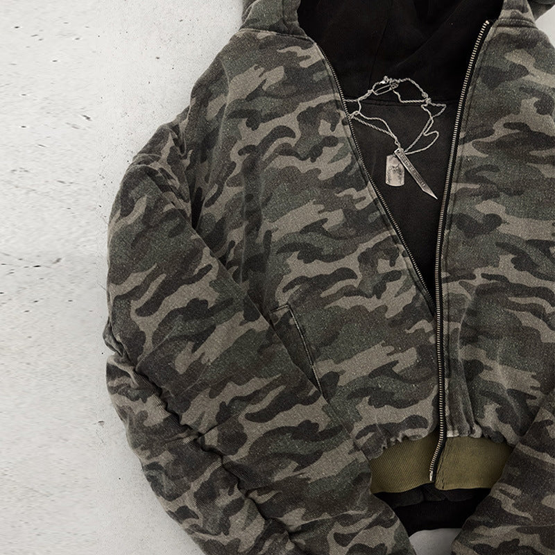 Herren nan kurz geschnittene Camouflage Kapuzenjacke im Bomberstil mit Teddyfutter und Zweiwege-Reißverschluss Echo Archiv