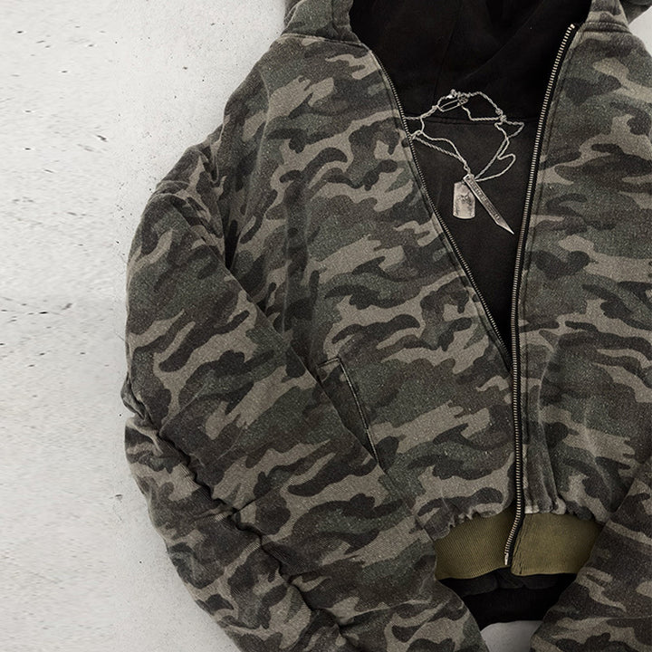 Herren nan kurz geschnittene Camouflage Kapuzenjacke im Bomberstil mit Teddyfutter und Zweiwege-Reißverschluss Echo Archiv
