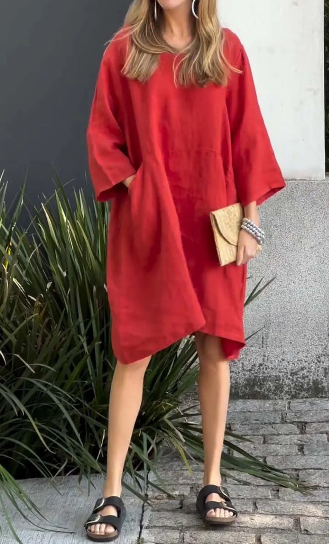 Damen lässiges Leinenkleid mit praktischen Taschen und asymmetrischem Saum Echoarchiv