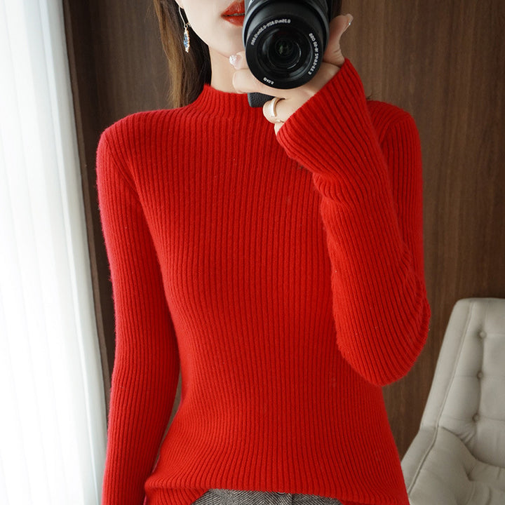Damen Luxus-Feinstrickpullover mit schmaler Rippenstruktur und kurzem Stehkragen Echoarchiv