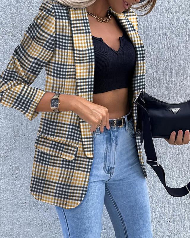 Damen Kariierter Longblazer mit legerer Passform, aufgesetzten Taschen und Dreiviertelärmeln – Célinea