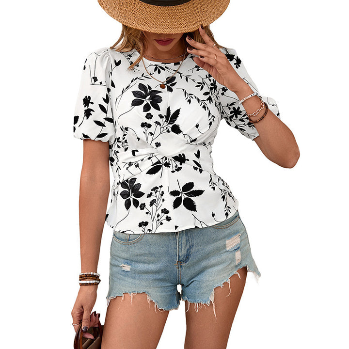 Damen Tailliertes Blusenshirt mit Knotenfront, Puffärmeln und Schößchen Echoarchiv