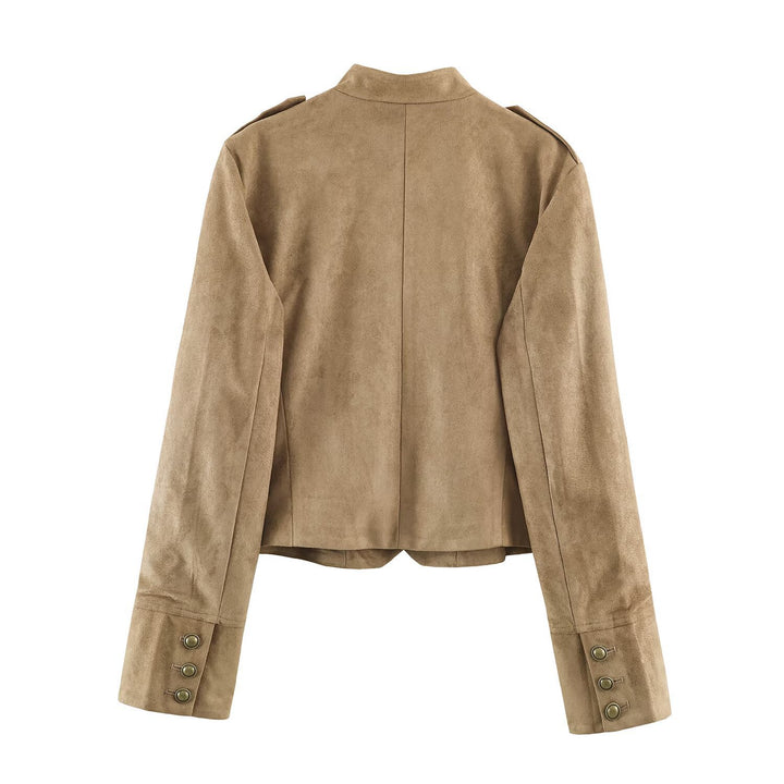 Damen kurz geschnittene Kavallerie-Jacke aus Wildlederoptik mit Zierknopfleiste und Schulterpatten Echo Archiv
