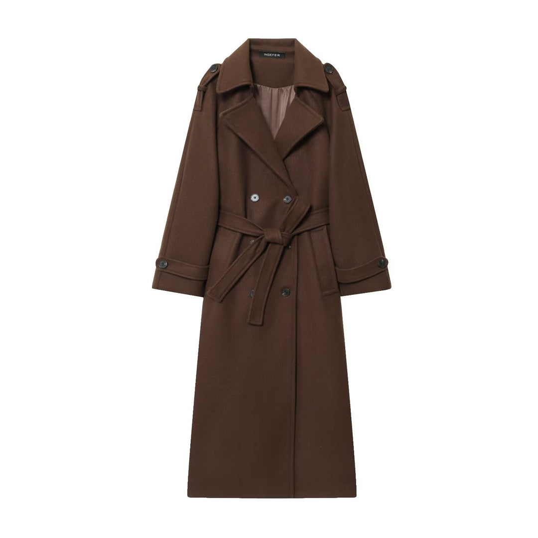Damen Langer Doppelreiher-Trenchcoat mit Bindegürtel und Schulterriegeln Echo Archiv