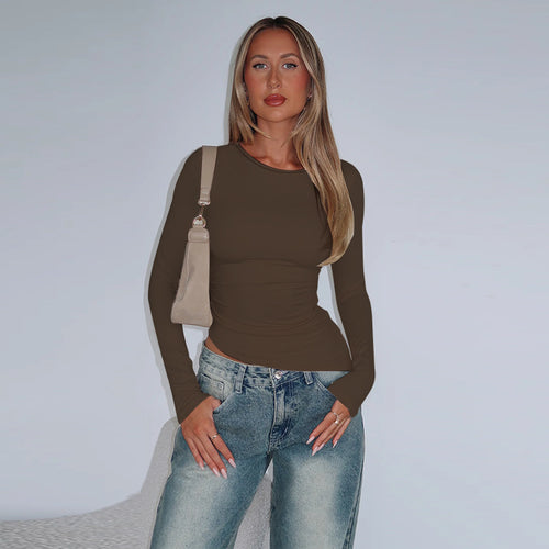 Damen asymmetrisches gerafftes bauchfreies Langarmshirt – Avérine