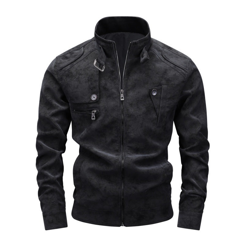 Herren Bikerjacke aus Lederimitat mit Stehkragen und modischen Brusttaschen Echoarchiv
