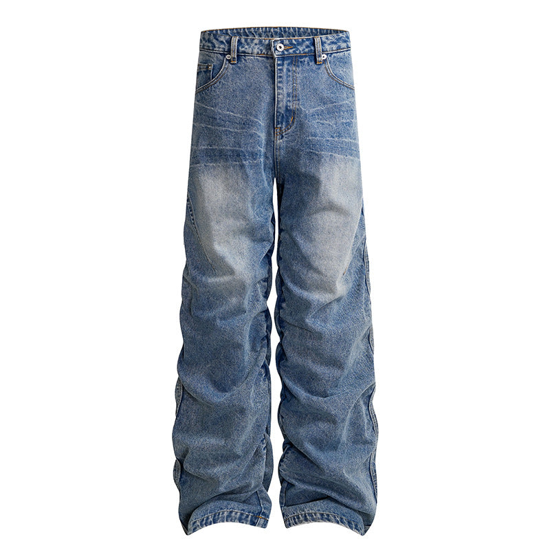 Damen weite High-Waist Denim-Hose im Baggy-Look mit gerafften Beinen und Vintage-Wash Echoarchiv