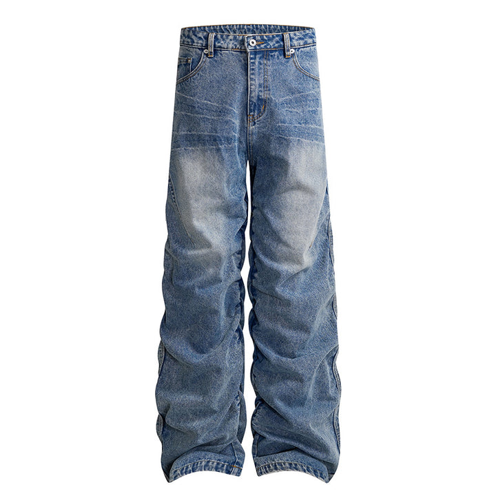 Damen weite High-Waist Denim-Hose im Baggy-Look mit gerafften Beinen und Vintage-Wash Echoarchiv