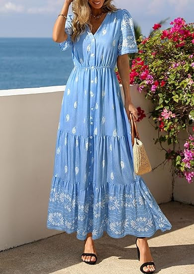 Damen Boho Maxikleid mit floralen Prints und Taillengürtel Echo Archiv