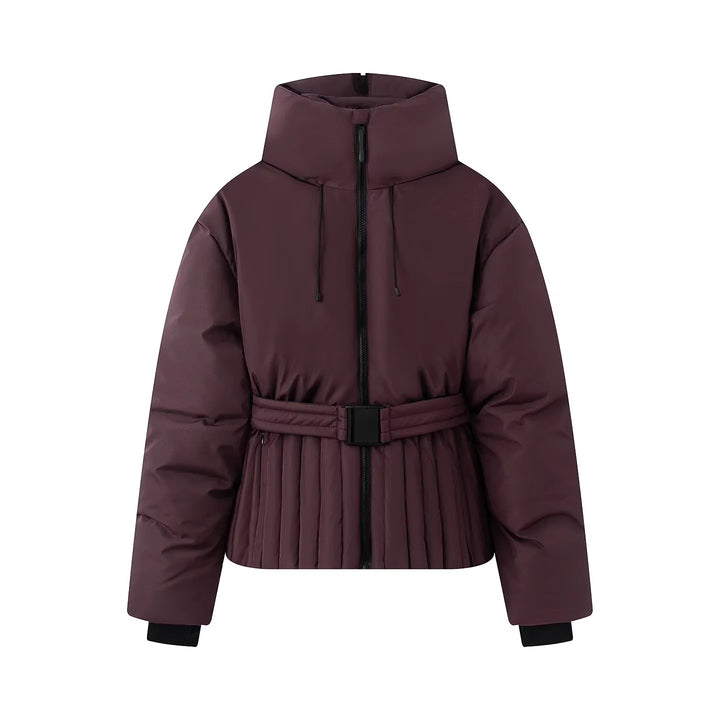 Damen gesteppte Taillen-Steppjacke mit hohem Kragen, Taillengürtel und Plissee-Saum – Célinea