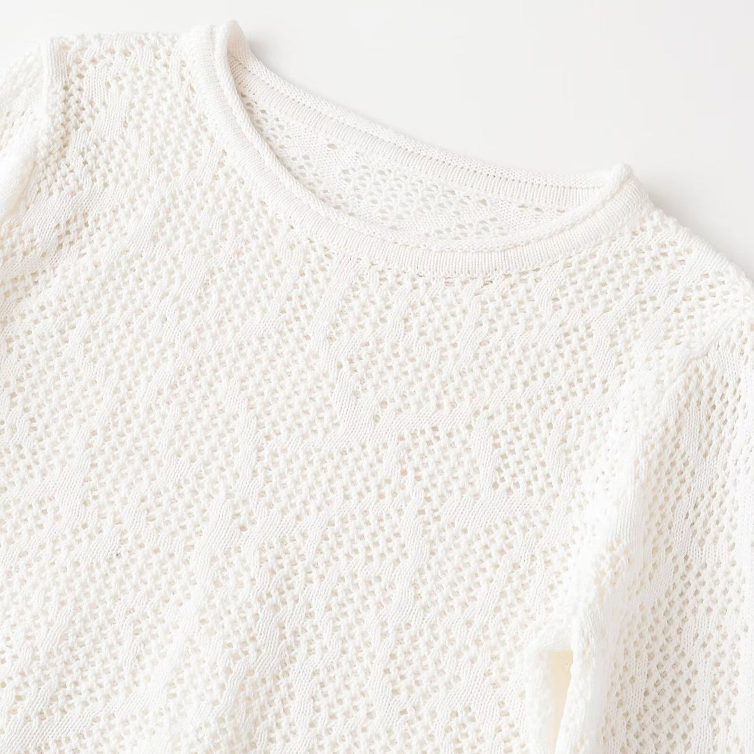 Damen Kurzgeschnittenes Ajour-Strick-Crop-Top mit Rundhalsausschnitt und leicht ausgestellten Ärmeln Echoarchiv
