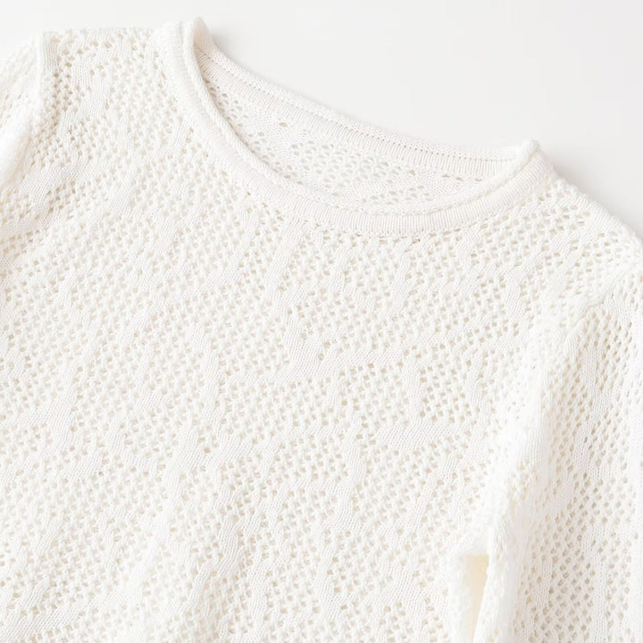 Damen Kurzgeschnittenes Ajour-Strick-Crop-Top mit Rundhalsausschnitt und leicht ausgestellten Ärmeln Echoarchiv