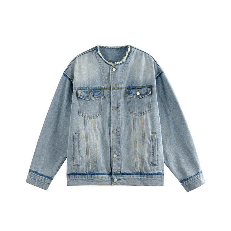 Herren Oversize-Denimblouson ohne Kragen mit rohem Halsausschnitt und Pattentaschen Echoarchiv