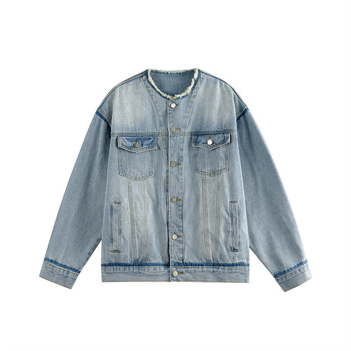 Herren Oversize-Denimblouson ohne Kragen mit rohem Halsausschnitt und Pattentaschen Echoarchiv