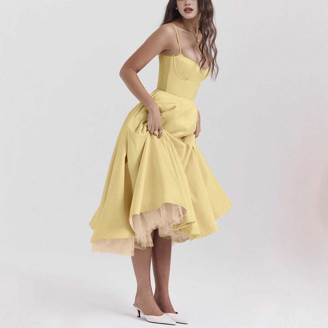 Damen nan tailliertes retro-inspiriertes Midikleid mit Korsage Unterbrustnähten Tellerrock und Eingrifftaschen Echo Archiv