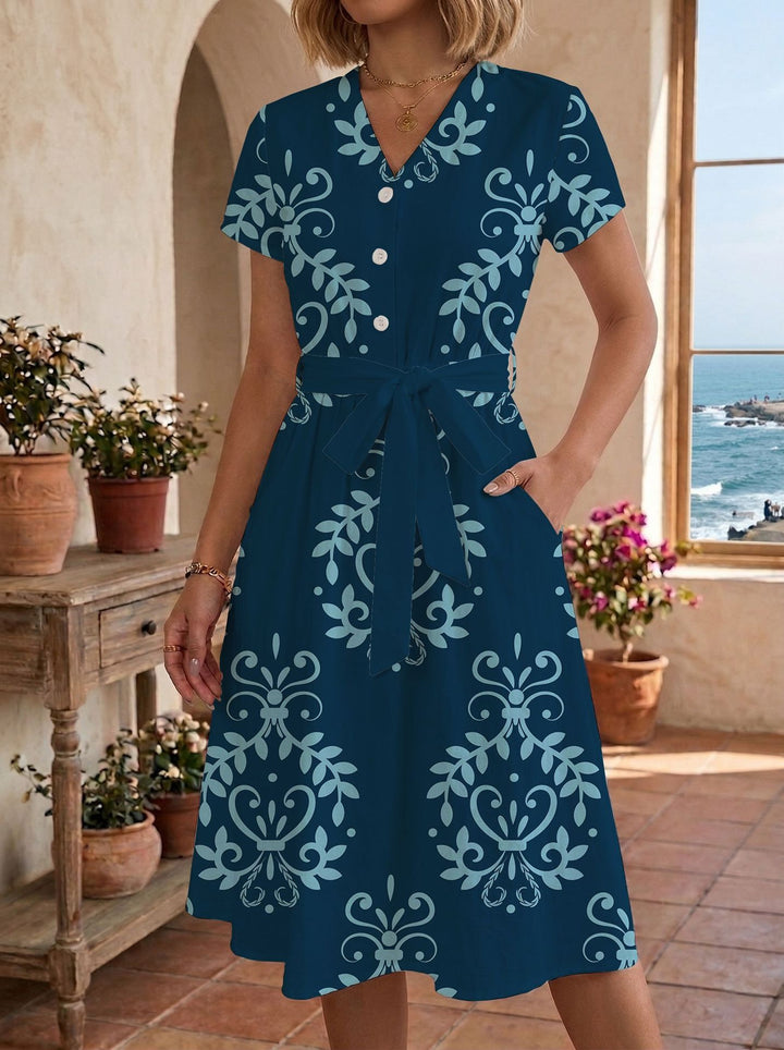 Damen Sommerliches Kleid mit taillierbarem Bindegürtel und floralem Muster Echo Archiv