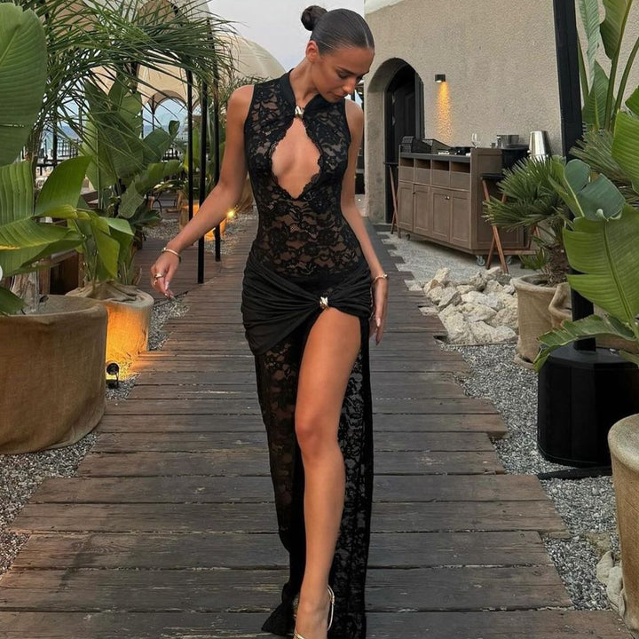 Damen Elegantes Spitzen-maxikleid mit seitlichem Schlitz und Hochkragen Echo Archiv
