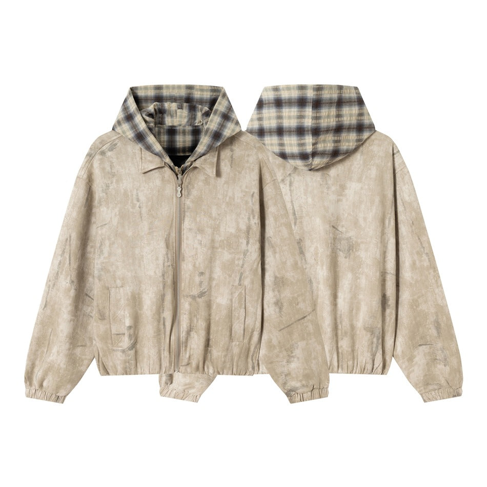 Unisex Kurz geschnittene Boxy‑Jacke aus Wildlederoptik mit kariert gefütterter Kapuze Echoarchiv