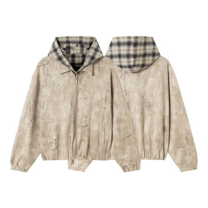 Unisex Kurz geschnittene Boxy‑Jacke aus Wildlederoptik mit kariert gefütterter Kapuze Echoarchiv