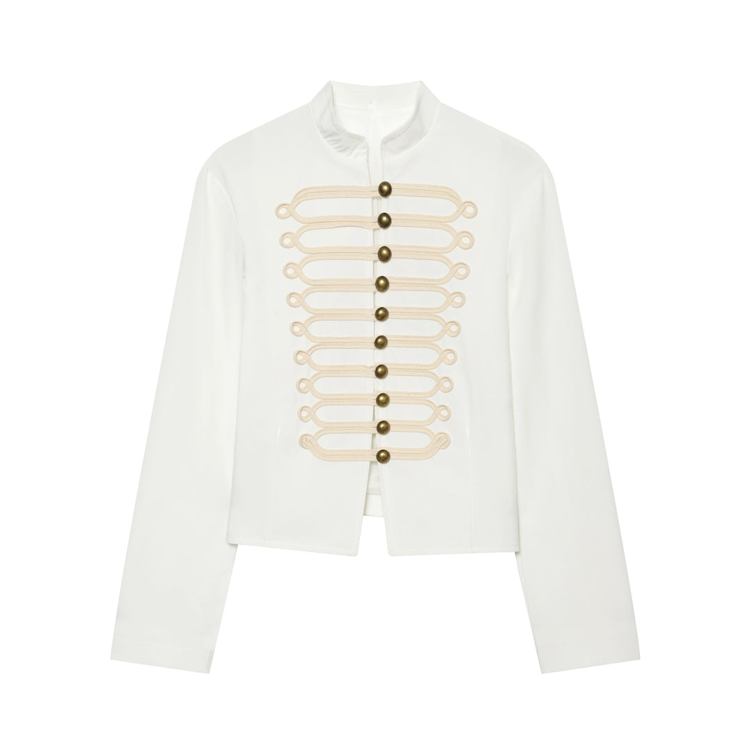 Damen kurze Militärinspirierte Jacke mit Stehkragen, dekorativen Kordelverschlüssen und goldfarbenen Zierknöpfen – Célinea