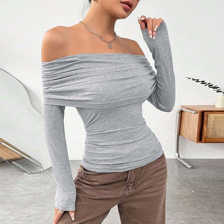 Damen eng anliegendes Off-Shoulder Rippstrick-Longsleeve mit gerafftem Wasserfall-Ausschnitt und Daumenloch – Avérine