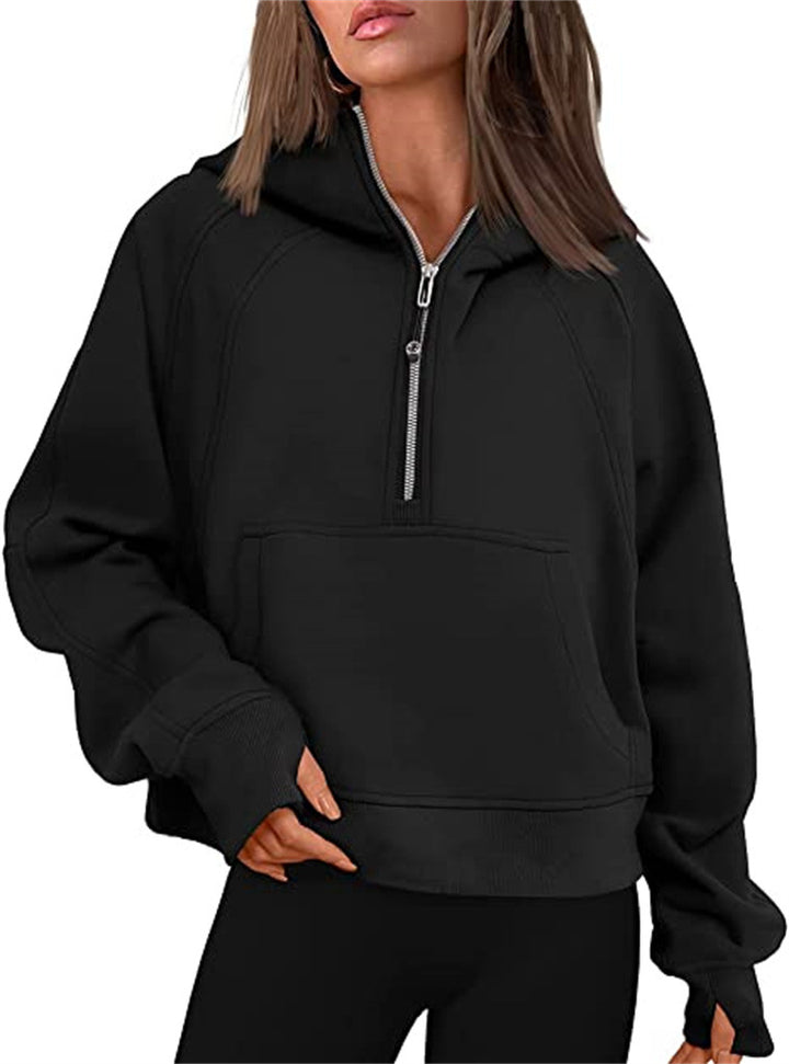 Damen Oversize-Hoodie mit halbem Reißverschluss, Kängurutasche und Daumenlöchern – Auréline