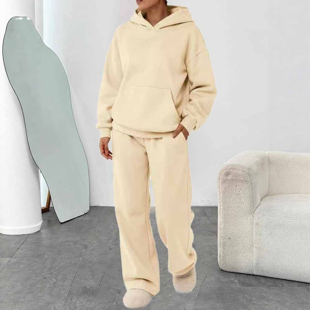 Damen zweiteiliges Freizeit-Lounge-Set mit Kapuzenpullover, Kängurutasche und gerader Loungehose aus weichem Baumwollmix – Auréline
