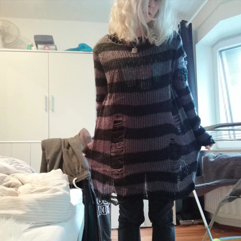 Damen nan Oversized Grobstrickpullover mit breiten Blockstreifen und aufgerissenem Design Echo Archiv