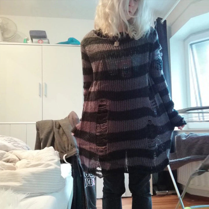 Damen nan Oversized Grobstrickpullover mit breiten Blockstreifen und aufgerissenem Design Echo Archiv
