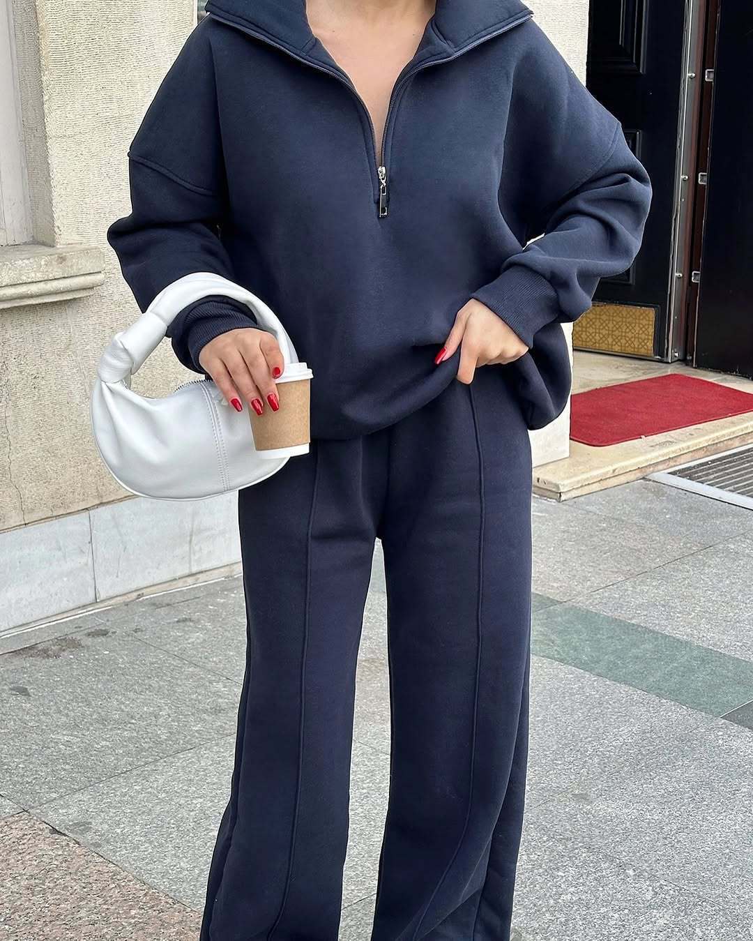 Damen Oversized Fleece-Lounge-Set mit Halb-Reißverschluss und weiten Jogginghosen – Avérine