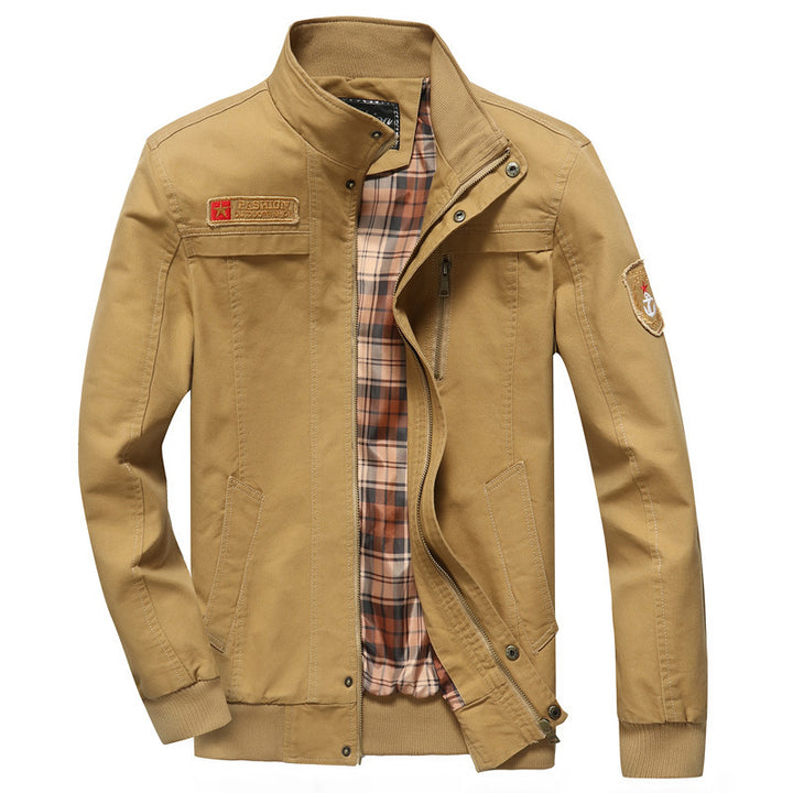 Herren Canvas-Bomberjacke mit kariertem Innenfutter, Stehkragen und Abzeichenapplikationen – Brevano