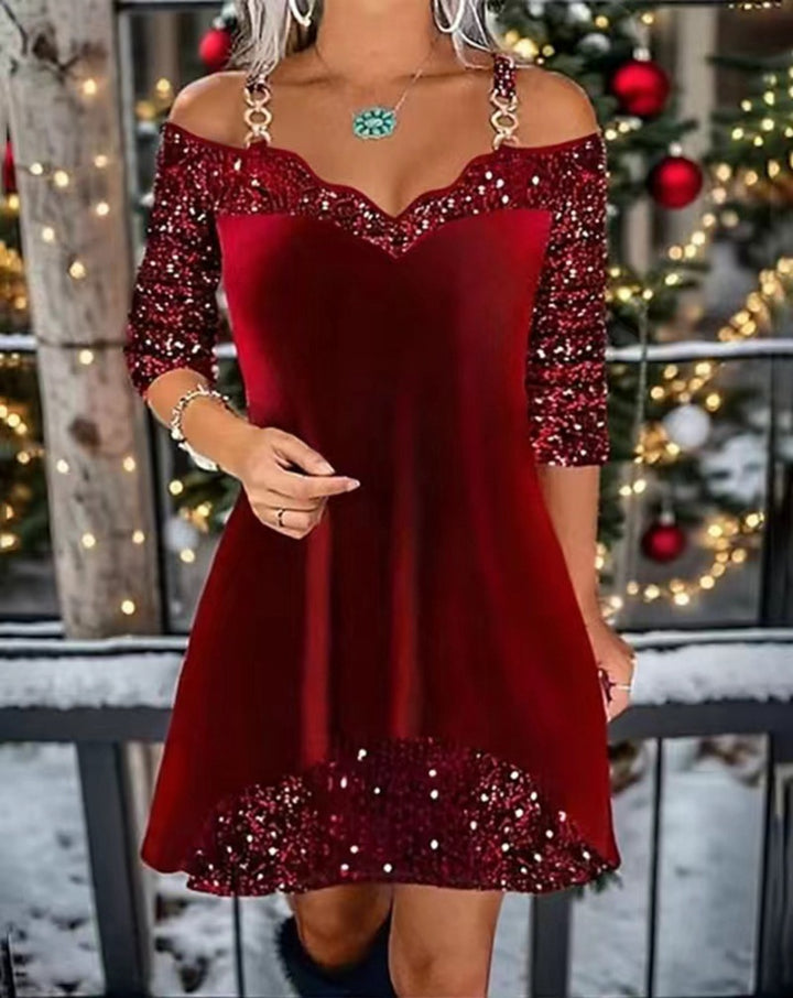 Damen nan schulterfreies Pailletten-Swingkleid mit zierlichen Ketten‑Trägern, halblangen Ärmeln und Volantbesatz Echo Archiv