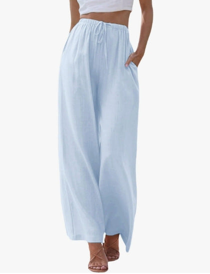 Damen nan weite Leinenhose mit elastischem Bund Kordel und Seitentaschen Echo Archiv
