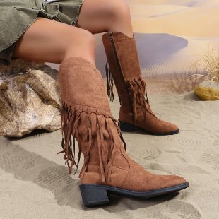 Damen Fransen-Cowboy-Stiefel aus Veloursleder mit spitzer Zehenkappe und seitlichem Reißverschluss Echo Archiv