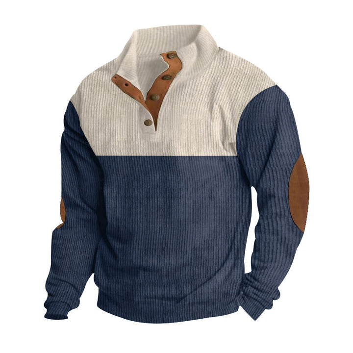 Herren nan strukturiertes Rugby-Pullover mit Stehkragen, Knopfleiste und Leder-Ellenbogenpatches Echo Archiv
