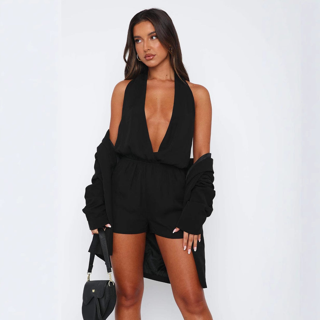 Damen modischer Jumpsuit mit tiefem V-Ausschnitt und elastischem Taillenzug Echo Archiv