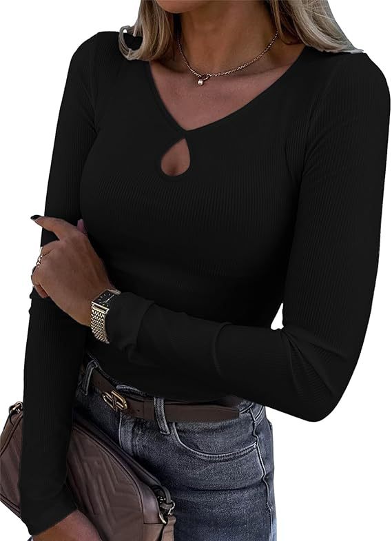 Damen Tailliertes geripptes Langarmshirt mit V-Ausschnitt und Tropfen-Cut-Out Echo Archiv