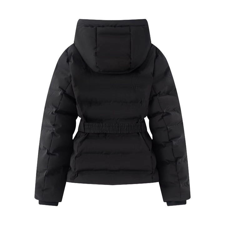 Damen Glänzende Daunenoptik-Steppjacke mit Kapuze und tailliertem Zugbandgürtel Echo Archiv