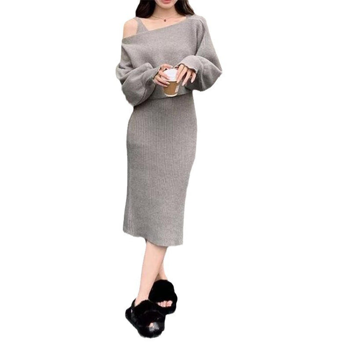 Damen Elegantes Strickkleid mit V-Ausschnitt und passendem Cardigan Echo Archiv