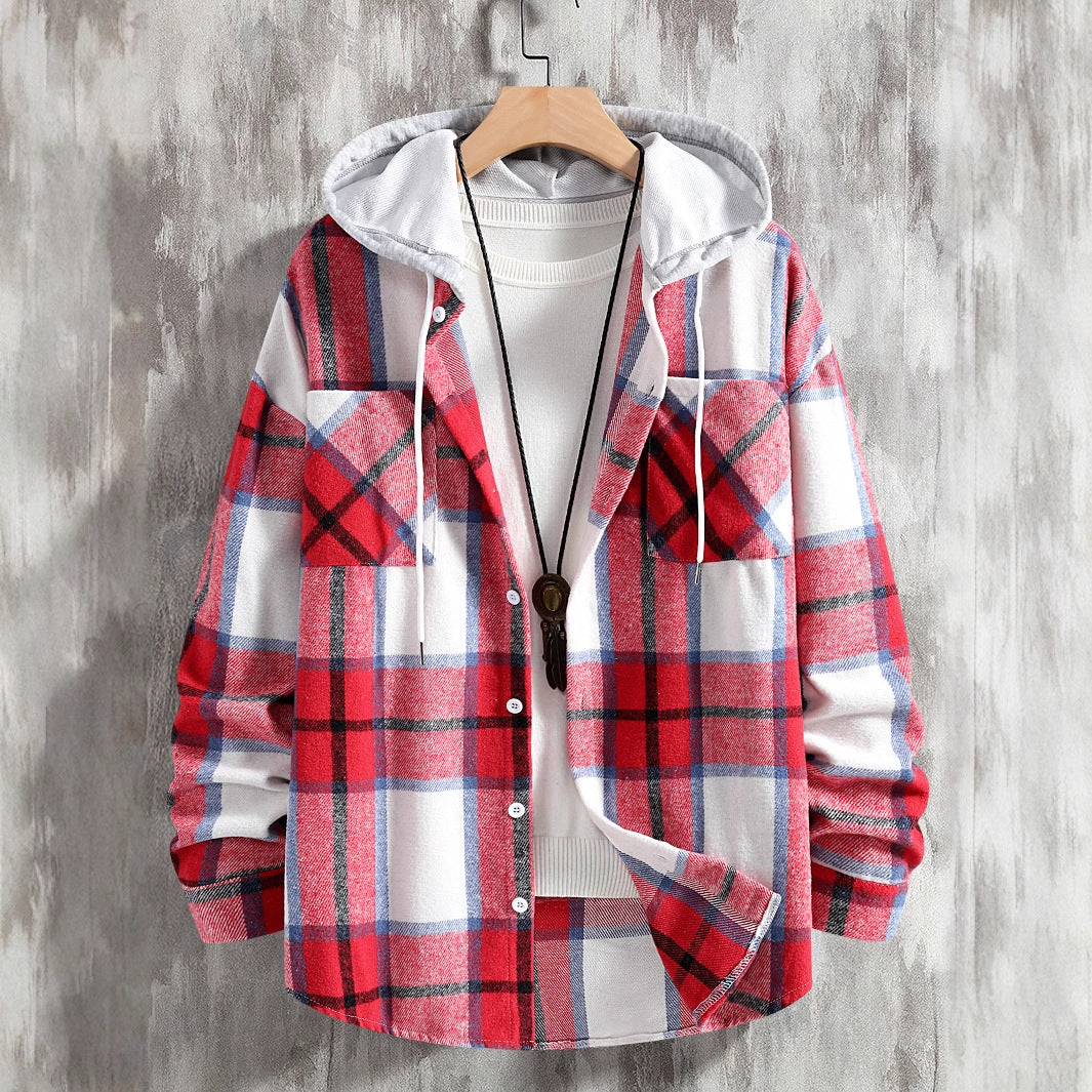 Herren Karierte Flanelljacke mit Hoodie und praktischen Taschen Echoarchiv
