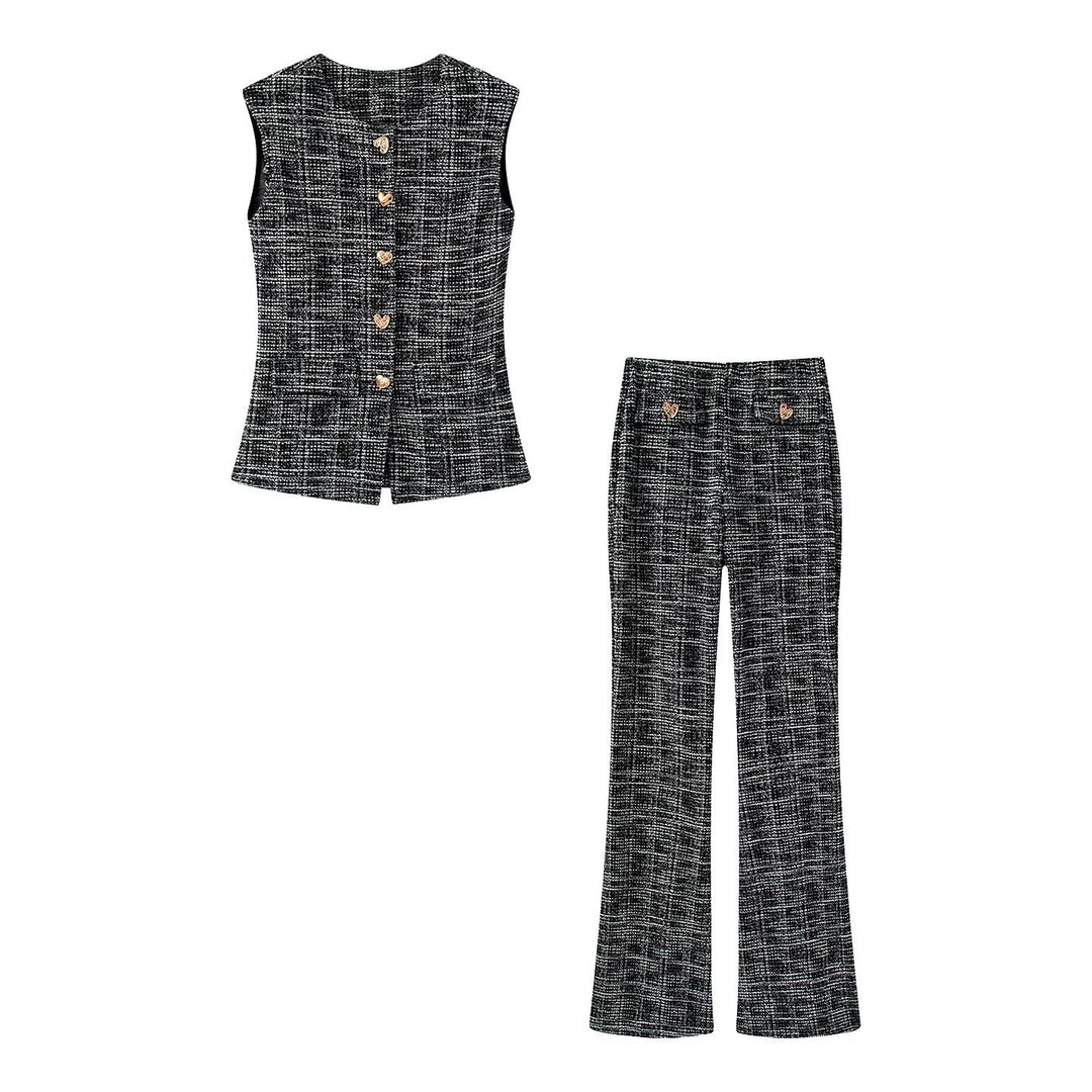 Damen elegante Karohose mit schmalem Schnitt und dekorativen Knöpfen Echo Archiv