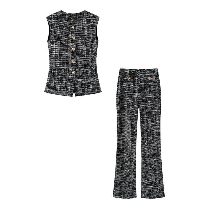 Damen elegante Karohose mit schmalem Schnitt und dekorativen Knöpfen Echo Archiv