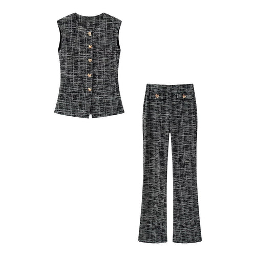 Damen elegante Karohose mit schmalem Schnitt und dekorativen Knöpfen Echo Archiv