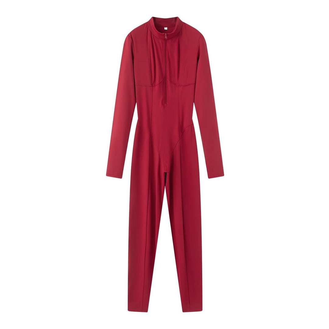 Damen Slim-Fit einteiliger Catsuit mit Reißverschluss und hohem Kragen Echo Archiv