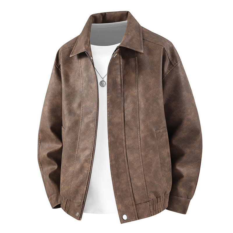 Männer's  distressed Kunstleder Zip-Vorderseite Kragenjacke mit elastischem Saum und gefütterten Taschen Echo Archiv