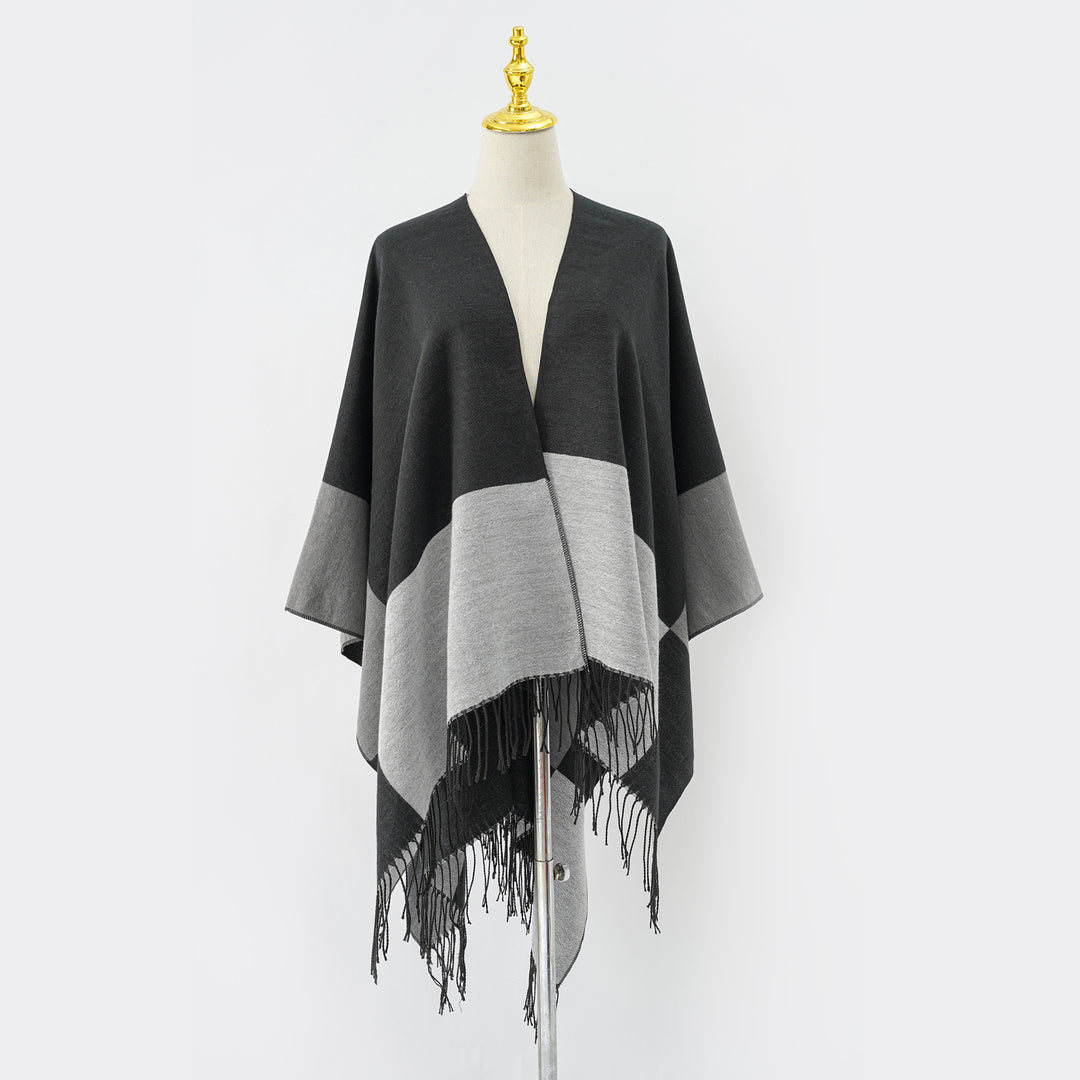 Damen Oversize-Ruana aus Wollmix mit Farbblock‑Design und Fransen Echo Archiv
